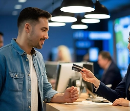 A Man And Woman Stand Together In Front Of A Counter